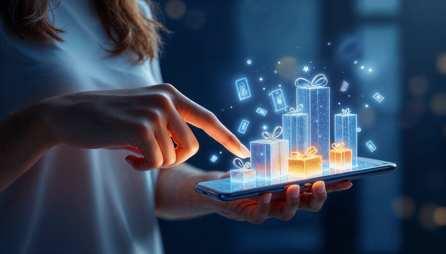 Person interacting with digital gift boxes on a phone screen